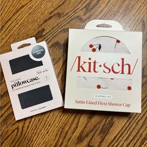 Kitsch Satin-Lined Flexi cherry design shower cap and gray satin pillowcase